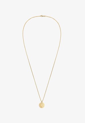 Gouden ketting met een gestructureerd, rond hangertje, hangend aan een fijne, delicate ketting met een veerhaaksluiting.