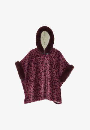 Ponyo med leopardprint i pink med brun faux fur-pynt, hætte og clasp-lukning. Blød tekstur, løs design for komfort.