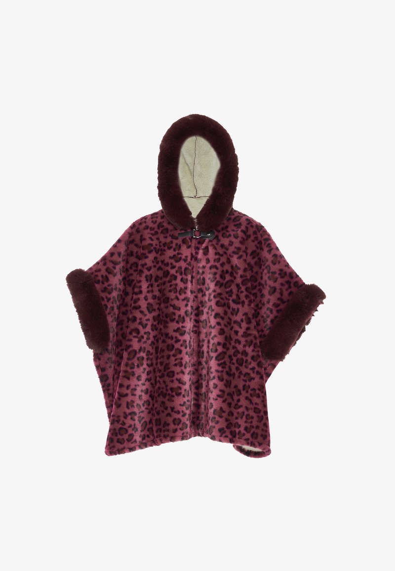 Rózsaszín leopárdmintás poncsó barna műszőrme díszítéssel, kapucnival és csattal záródik. Puha textúra, laza kialakítás a kényelem érdekében.