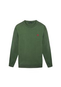 Groene gebreide trui met een ronde hals, lange mouwen, geribde manchetten en onderkant, met een klein rood boompje embleem op de borst.