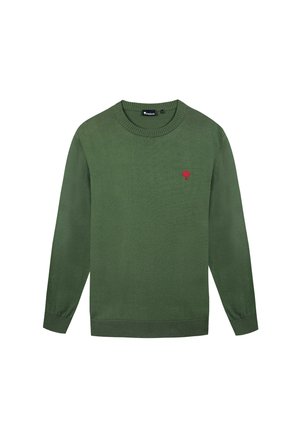 Un pull en laine vert avec un col rond, des manches longues, des poignets et un ourlet côtelés, arborant un petit emblème en forme d'arbre rouge sur la poitrine.