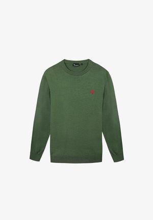 Grüner gestrickter Pullover mit rundem Ausschnitt, langen Ärmeln, gerippten Bündchen und Saum, mit einem kleinen roten Baumemblem auf der Brust.