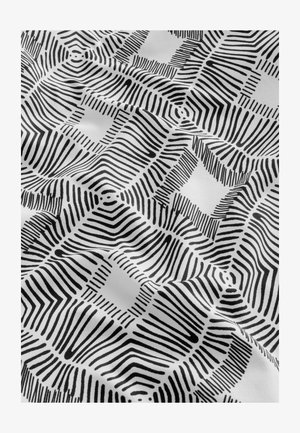 Čierno-biely materiál s geometrickým vzorom a vlnitými čiarami a štvorcami. Hladký povrch vyzerá hladko a trochu zvrásnene.