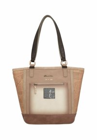 Beige-braune Tragetasche mit schwarzen Griffen, einer vorderen Reißverschlusstasche, geometrischen Seitenmustern und einem kleinen dekorativen Aufnäher mit Text und Design.