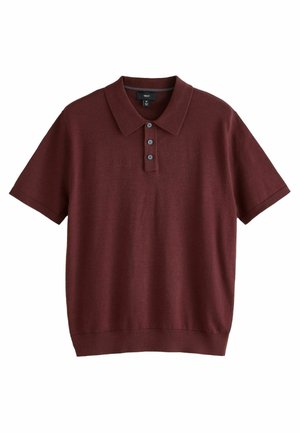 Burgundy short-sleeved polo shirt made of soft fabric, featuring a classic collar, three-button placket, and ribbed hem and sleeve cuffs.