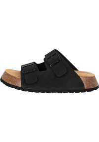 Schwarzer Wildledersandale mit zwei verstellbaren Schnallen, Korkzwischensole und strukturiertem Gummi-Außensohle. Verfügt über ein auffälliges, kurvenreiches Design und ein weiches Fußbett.