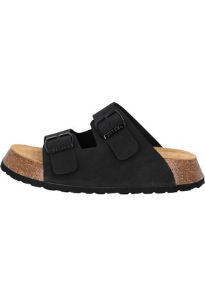 Black suede sandal with two adjustable buckles, cork midsole, and textured rubber outsole. Features a prominent curved design and soft footbed.