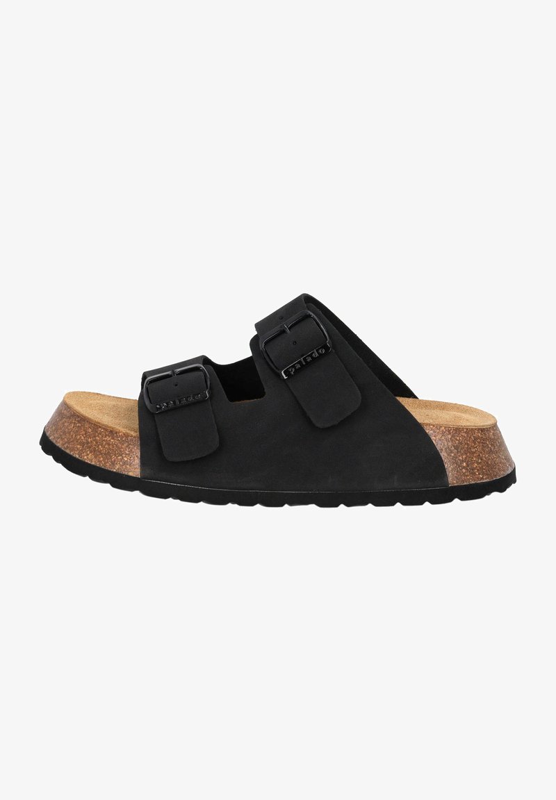 Schwarzer Wildledersandale mit zwei verstellbaren Schnallen, Korkzwischensole und strukturiertem Gummi-Außensohle. Verfügt über ein auffälliges, kurvenreiches Design und ein weiches Fußbett.