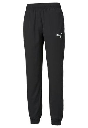 Czarne spodnie sportowe z elastycznym pasem i mankietami, z białym logo Puma na górnej lewej uda.
