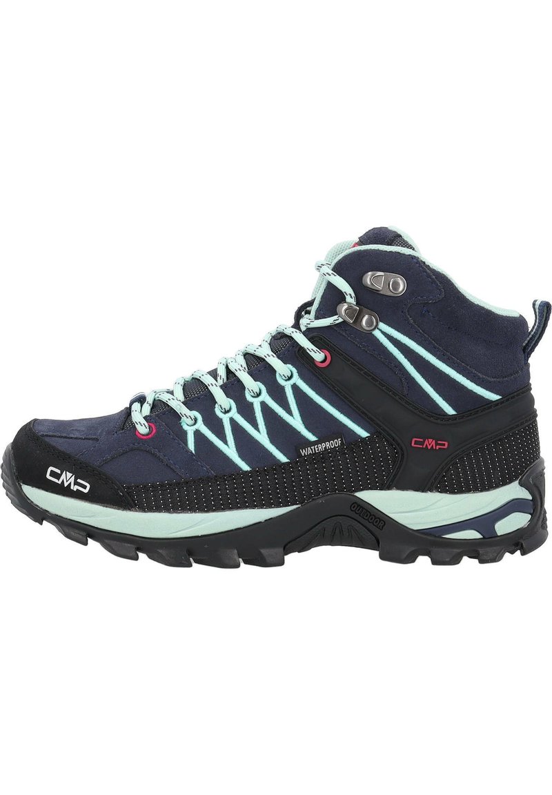 Stivaletto da trekking impermeabile a taglio medio in blu navy con accenti teali. Presenta una parte superiore testurizzata, occhielli rinforzati e una suola robusta in gomma nera.