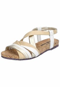 Sandalo beige e bianco con cinturini, dotato di una soletta in sughero e di una suola colorata a macchie. Presenta cinturini metallici e supporto per il tallone sul retro.