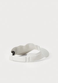 Hvid justerbar hovedbånd med et struktureret elastikbånd og en glat, afrundet frontdetalje. Enkel design med et minimalistisk udseende.