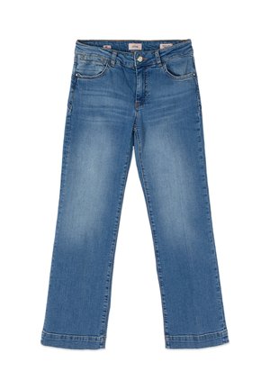 Jean en denim bleu à jambes droites avec bouton et fermeture éclair à l'avant, design à cinq poches et délavage sur les cuisses.
