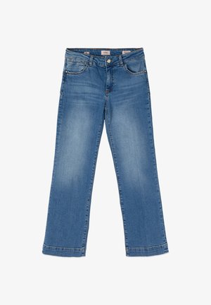 Blue straight-leg denim jeans with front button and zipper, five-pocket design, and faded wash on thighs.
