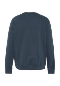 Navy blue sweatshirt with a round neck, long sleeves, ribbed cuffs, and hem. Smooth texture with a minimalistic design. No patterns or accents.