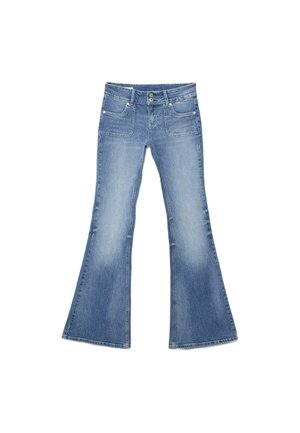 Modré džínové džíny s rozšířenými nohavicemi, předními našitými kapsami, dvojitým zapínáním na knoflíky a vybledlými detaily na stehnech a kolenou.