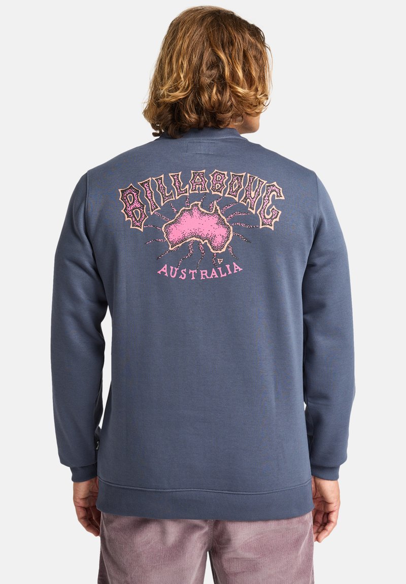 Blue sweatshirt with a graphic print on the back featuring the text "BILLABONG" and an outline of Australia in pink. Long sleeves, ribbed cuffs.