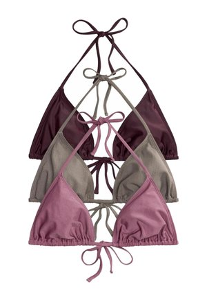 Three tied triangle bikini tops in mauve, taupe, and burgundy colors stacked vertically on white background.