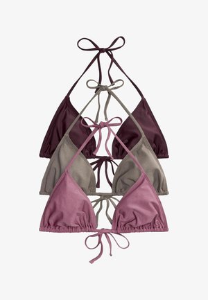 Trei sutiene de bikini triunghi legate, în culorile mauve, taupe și burgundy, așezate vertical pe un fundal alb.