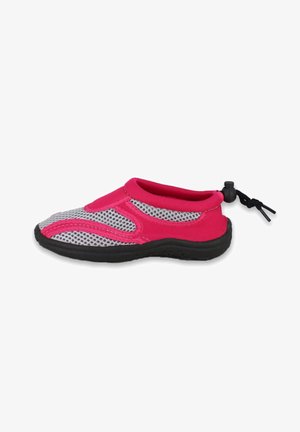 Chaussure d'eau pour enfant en mesh rose et gris avec semelle noire et cordon réglable au talon.