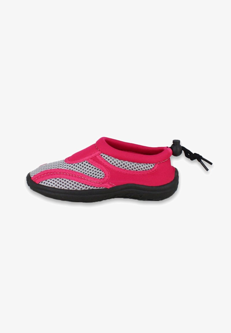 Chaussure d'eau pour enfant en mesh rose et gris avec semelle noire et cordon réglable au talon.
