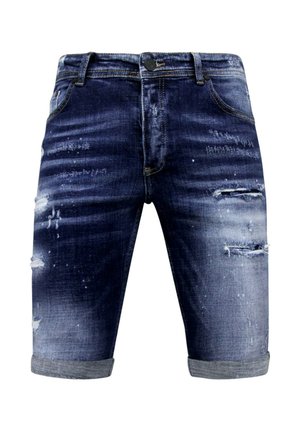 Donkerblauwe distressed denim shorts met opgerolde zomen, knoop aan de voorkant, ritssluiting en vervaagde, versleten plekken.