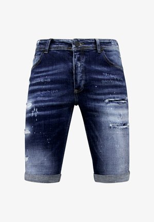 Donkerblauwe distressed denim shorts met opgerolde zomen, knoop aan de voorkant, ritssluiting en vervaagde, versleten plekken.