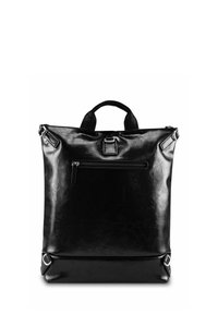 Zaino in pelle nera con tasca con zip sul davanti, forma strutturata, doppio manico superiore e dettagli in metallo.