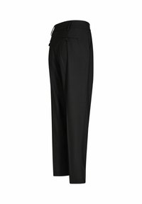 Pantaloni negri cu o croială ajustată, având o textură netedă, buzunare laterale și un detaliu cu un singur nasture pe banda din spate.