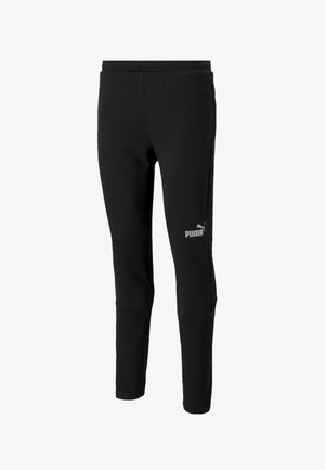 Pantalons de sport noirs en tissu doux avec une coupe slim, dotés d'une taille élastique, de poches zippées et d'un logo sur la jambe gauche.