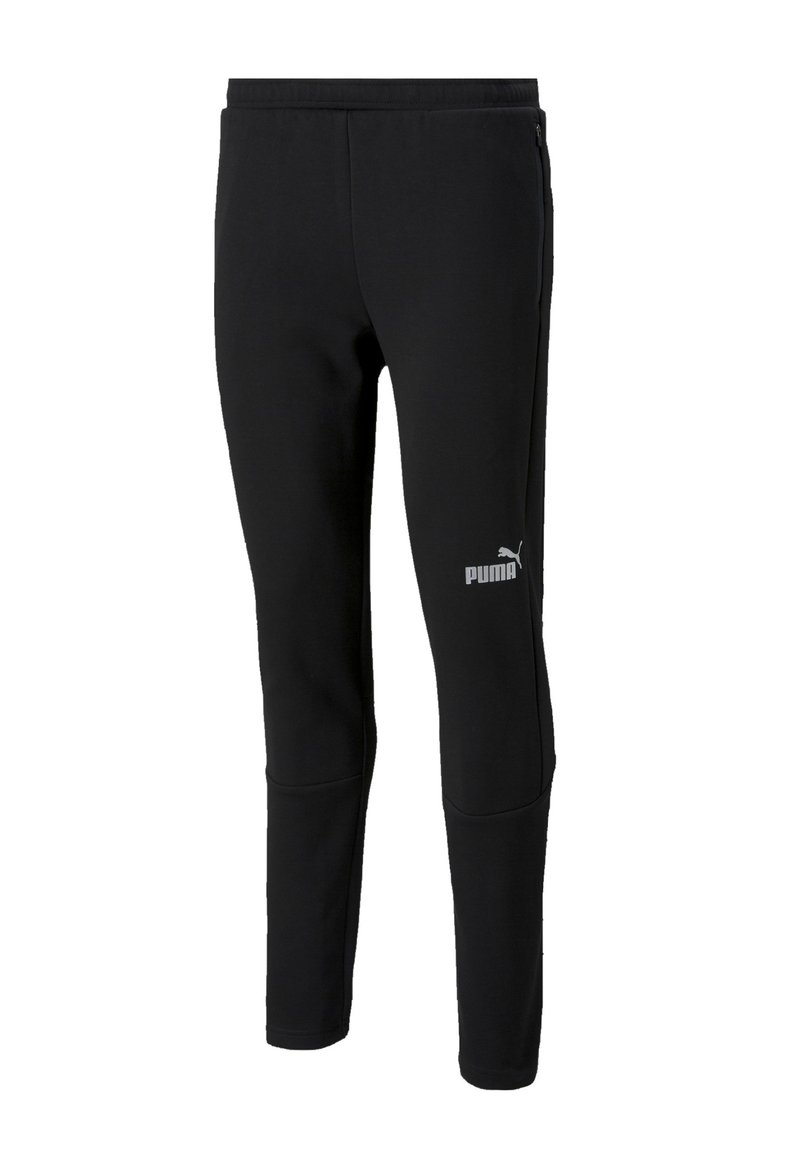 Zwarte sportbroek van zacht materiaal met een slim fit, voorzien van een elastische tailleband, ritszakken en een logo op het linkerbeen.