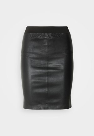 Black pencil skirt made of smooth leather, featuring an elastic waistband for a fitted silhouette and minimalistic design.