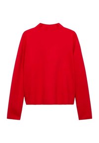 Pull en tricot rouge avec des manches longues et un col haut ; texture lisse et design simple, sans motifs ni accents.