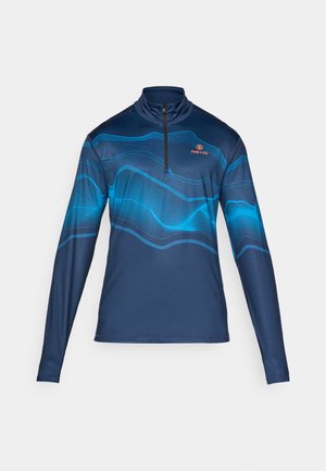Marineblauwe langarmtop met hoge kraag, voorzien van een blauw golfpatroon en een halve ritssluiting. Inclusief een klein oranje logo op de linkerborst.