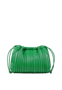 Borsa in pelle verde con texture arricciata, cordini laterali e forma arrotondata. Finitura liscia con un colore vivace.