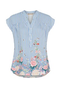 Blå og hvid stribet kortærmet bluse med knaplukning foran, der har blomster mønstre i pink og grøn ved kanten og brystet.