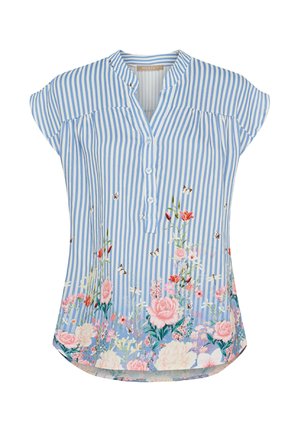 Blå og hvid stribet kortærmet bluse med knaplukning foran, der har blomster mønstre i pink og grøn ved kanten og brystet.