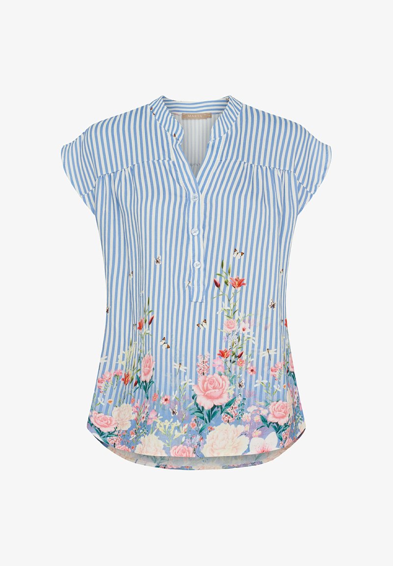 Blå og hvid stribet kortærmet bluse med knaplukning foran, der har blomster mønstre i pink og grøn ved kanten og brystet.