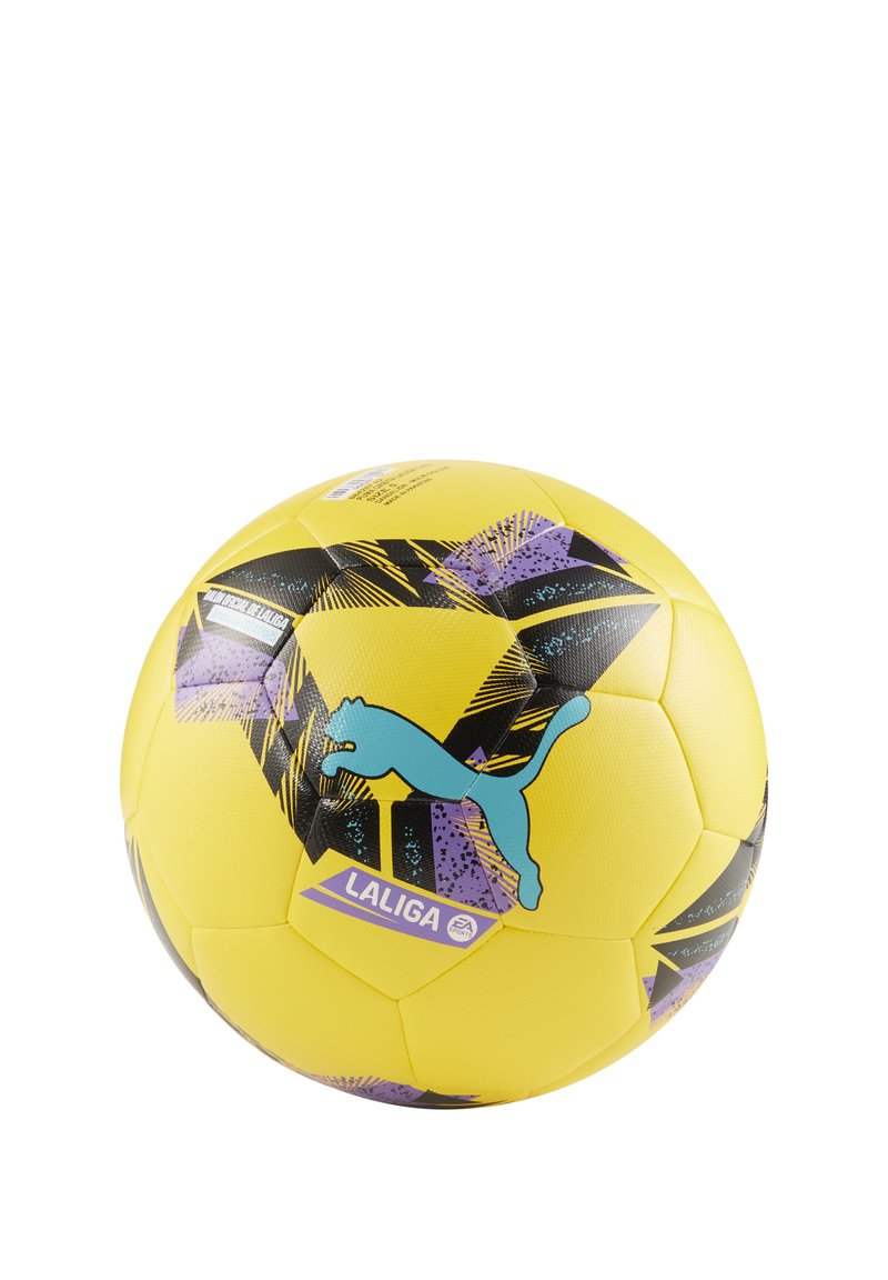 Geltona futbolo kamuolys su juodais ir purpuriniais geometriniais raštais, mėlyna „Puma“ logotipu ir „LALIGA“ ženklu. Textūruota paviršius geresniam sukibimui.
