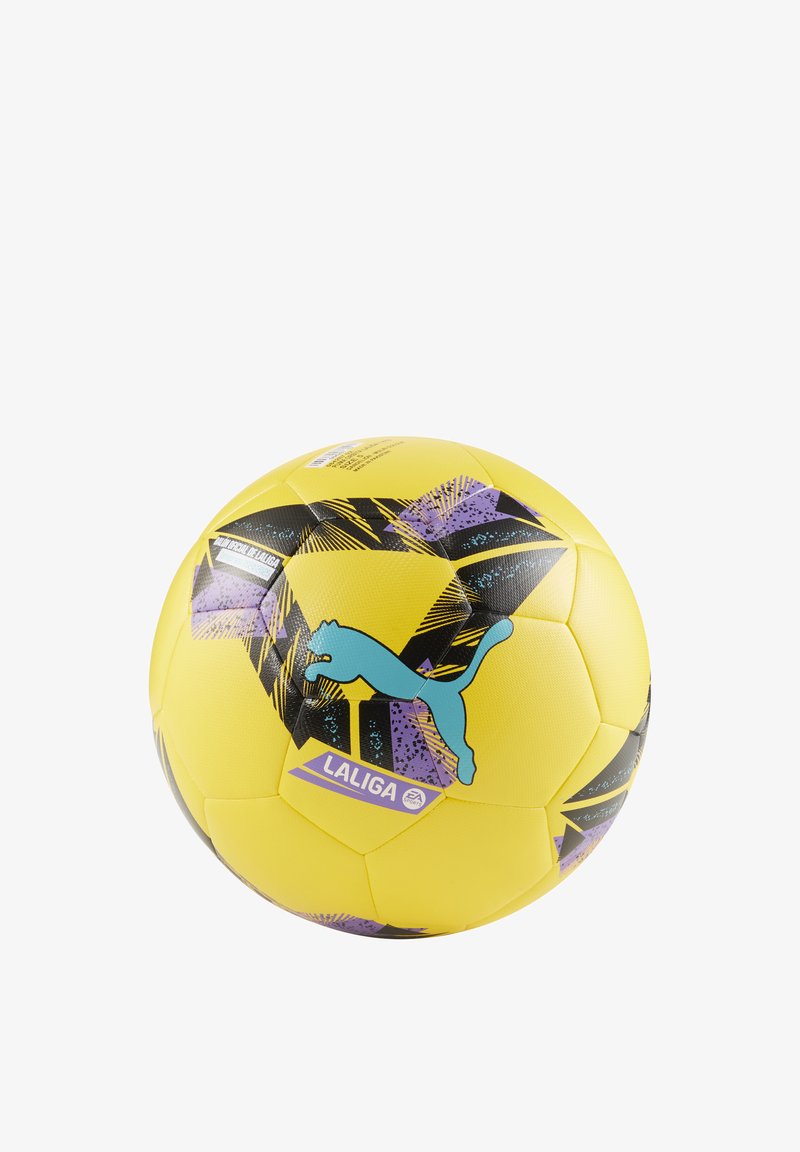 Yellow soccer ball featuring black and purple geometric patterns, with a turquoise Puma logo and "LALIGA" label. Textured surface for grip.