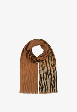 Brown and beige scarf with a tiger stripe pattern; soft texture; fringed edges; blended colors of dark brown and light tan.