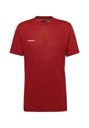 Rood t-shirt met korte mouwen en ronde hals, met het "Mammut"-logo in het wit op de linkerborst, eenvoudig ontwerp, lichtgewicht stof.
