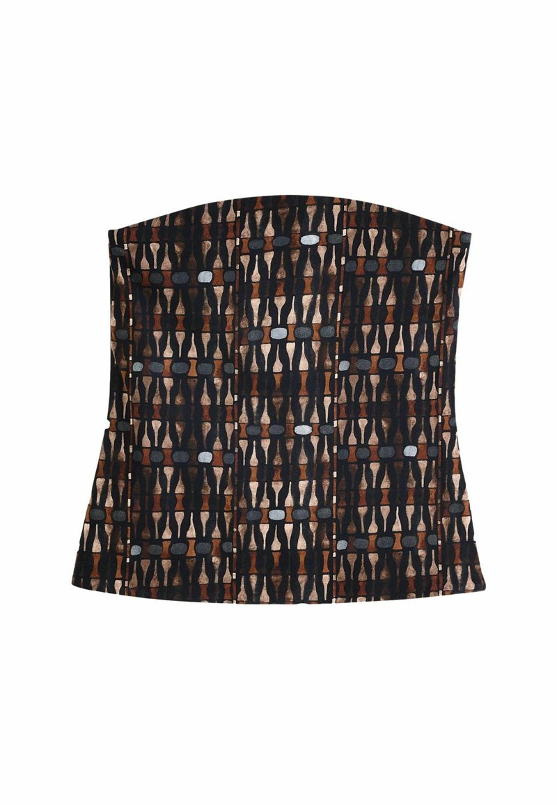 Strapless top met een aansluitend ontwerp, met een donker patroon van abstracte vormen in bruin, zwart en grijs op een gestructureerde stof.