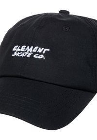Gorra de béisbol de algodón negra con detalles cosidos y el logotipo bordado "ELEMENT SKATE CO." en blanco en la parte frontal.