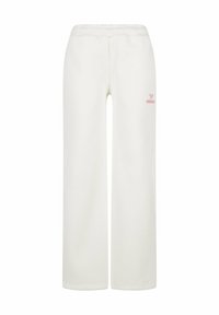 Pantaloni da tuta bianchi a gamba larga con un logo rosa sulla coscia sinistra. Presentano una vita elasticizzata e una texture morbida per il massimo comfort.