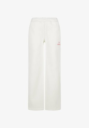 White wide-leg sweatpants with a pink logo on the left hip. Features an elastic waistband and soft texture for comfort.