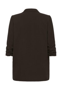 Tmavohnedá bunda, hladká tkanina, voľný strih, klopový golier, trištvrťové rukávy s nariasením, rovný lem, minimalistický dizajn.