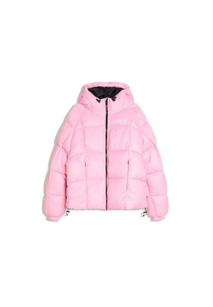 Pink puffer jacket with black zipper, hood, side pockets, and adjustable drawstrings at hem and cuffs, shown flat on white background.