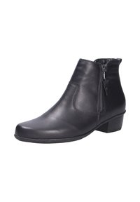 Stivaletti neri in pelle con punta arrotondata, zip laterale e tacco basso a blocco. Texture liscia con dettagli di cucitura minimi.