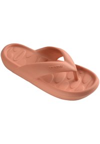Peach-colored flip-flop sandal with soft textured rubber material, featuring a Y-shaped toe post and a contoured footbed with oval patterns.